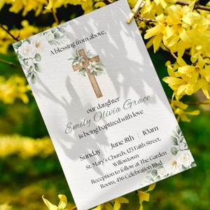 Green Floral Baptism Invitation, Boho Christening Card, Christening Template, Boho Christening Card with Floral and Wooden Cross