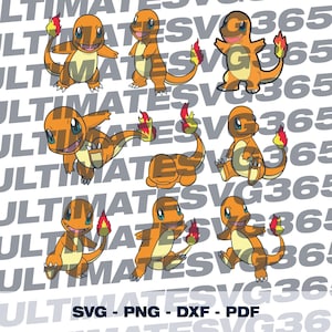 May include: A collection of orange Charmander illustrations in various poses, each with a flame on its tail. The background features a repeating pattern of "ULTIMATE SVG 365" in gray. The bottom of the image displays "SVG - PNG - DXF - PDF".