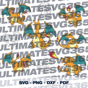 Könnte beinhalten: Eine digitale Grafik mit mehreren orange-gelben Charizard-Illustrationen mit teal-farbenen Flügeln und Flammen. Der Text "SVG - PNG - DXF - PDF" befindet sich unten, mit einem sich wiederholenden "ULTIMATE SVG365"-Muster im Hintergrund.