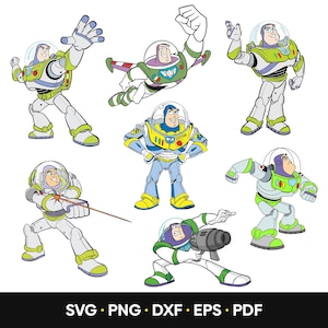 Könnte beinhalten: Eine Sammlung von Cartoon-Illustrationen von Buzz Lightyear in verschiedenen Action-Posen. Die Figur trägt ihren charakteristischen Weltraumranger-Anzug mit grünen, weißen und lila Akzenten. Der Text "SVG • PNG • DXF • EPS • PDF" ist enthalten.