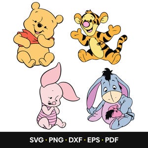 May include: A digital illustration featuring four characters: Winnie the Pooh, Tigger, Piglet, and Eeyore. Winnie the Pooh is yellow with a red shirt. Tigger is orange with black stripes. Piglet is pink with a striped shirt. Eeyore is blue with a pink bow.