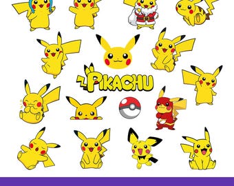 May include: A collection of yellow Pikachu character illustrations in various poses, including one with a Santa hat and another with goggles. The word "Pikachu" is displayed in yellow and black. The bottom of the image includes the text "SVG - PNG - DXF - PDF | Instant Download."