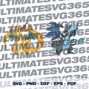 Könnte beinhalten: Zwei stilisierte Illustrationen von drachenartigen Kreaturen. Eine ist orange und gelb mit blauen Flügeln, die andere ist schwarz und grau mit blauen Akzenten. Der Hintergrund zeigt ein sich wiederholendes Muster des Textes "ULTIMATESVG365". Darunter die Dateitypoptionen: SVG - PNG - DXF - EPS - PDF.