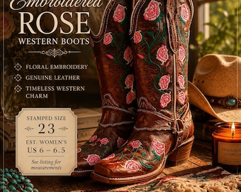 Vintage Embroidered Rose Western Boots – Brown Leather Cowgirl Boots – Floral Stitch Harness Boots – Romantic Cottage Western Style
