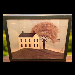 Pre-Owned Warren Kimble Framed Earth Tone Folk Art Print 30x23 | Vintage Americana House Trees Flag Rustic Country Wall Decor