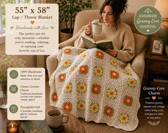 Handmade Crochet 3D Flower Blanket – Vintage Style Granny Square Afghan – Orange & Yellow Floral Throw – 55” x 58”