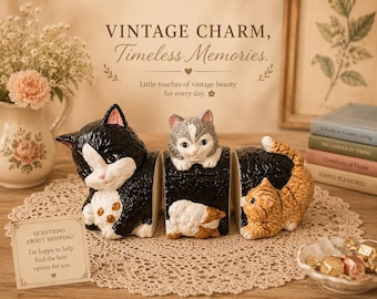 Vintage keramische kattenbakset | Mama Cat & Kittens Keukenblikken | Antropomorf retro cottagecore-decor