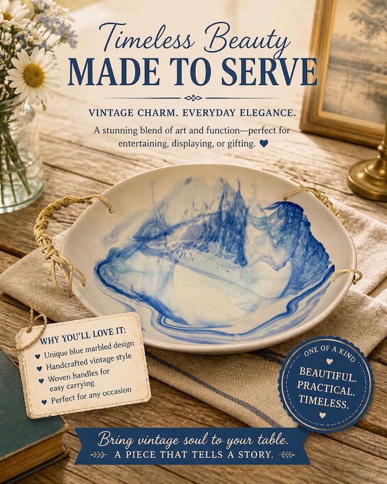 Op de afbeelding: Een witte serveerschaal met een uniek blauw gemarmerd ontwerp en gevlochten handvatten. De tekst "Timeless Beauty MADE TO SERVE" is zichtbaar. De schaal wordt beschreven als mooi, praktisch en tijdloos.