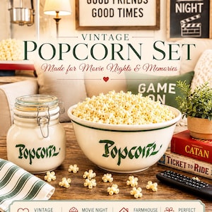 Op de afbeelding: Een vintage popcorn set met een witte kom en pot, beide met groene "Popcorn" tekst. De set is ontworpen voor filmavonden en bevat een popcornmachine, bordspellen en een afstandsbediening.
