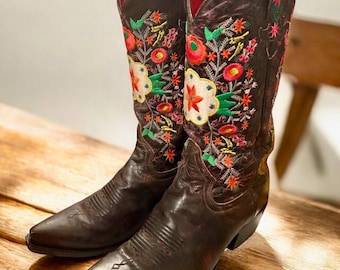 ブラウンレザー ウエスタンブーツ フラワー刺繍 ヴィンテージ 1980年代 サークルG ブラウンレザー 花柄刺繍 ウエスタン