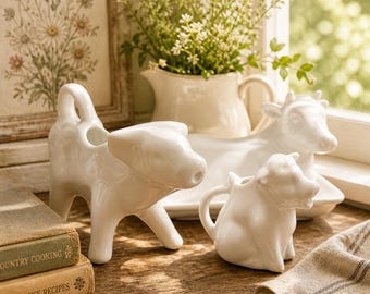 Set van 3 witte keramische stukken koe - 2 creamers en botervloot - Decor boerderij landelijke keuken