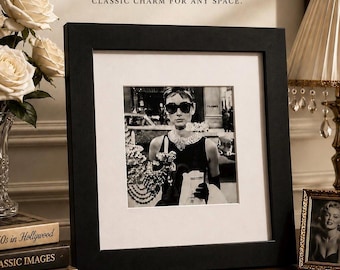 Audrey Hepburn Breakfast at Tiffany's Framed Wall Art Black and White Decor 20” x 20” Glamorous Old Hollywood Classic Actress - Wall Art