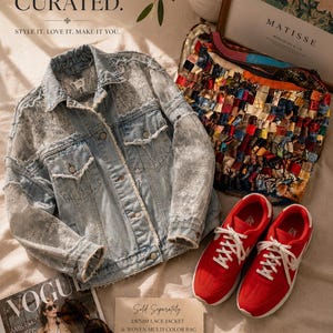 Op de afbeelding: Een lichtblauwe spijkerjas met kanten details, een geweven veelkleurige tas en rode sneakers met witte veters. De afbeelding bevat ook een Vogue-tijdschrift en de tekst "Effortlessly Curated."