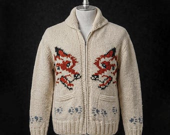 Vintage Hand Knit Wool Cowichan Mary Maxim Style Shawl Neck Skiing