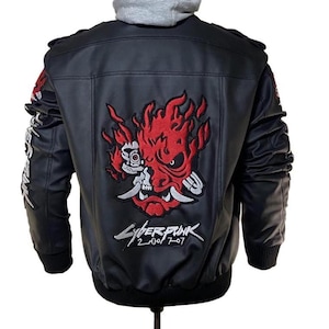 Handmade Cyber-punk Inspired Samurai Hooded Jacket  | Edge runner Gaming Cosplay Bomber Jacket | 2077 Game Costume | Mens Biker Style Jacket