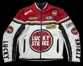 Chaqueta Lucky Strike Racing - Chaqueta de moto vintage de piel de vacuno de los años 90 - Chaqueta de motor unisex hecha a mano