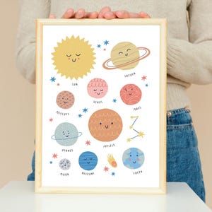 Póster infantil del sistema solar, bonito estampado educativo espacial para guardería, educación en casa o sala de juegos, descarga digital, arte de pared para guardería espacial instantáneo.