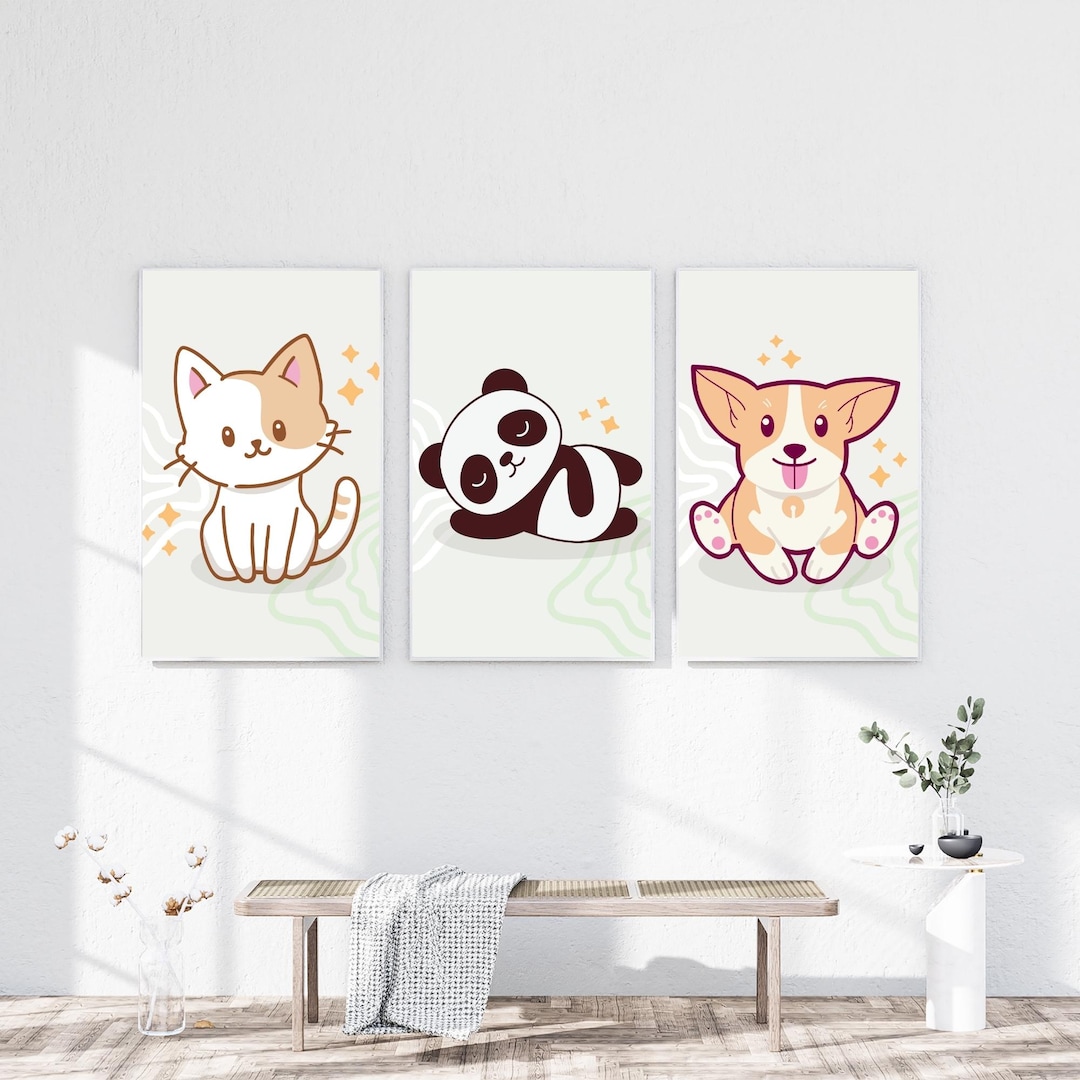 Cute Animal Wall Art Set – Kawaii Cat, Panda & Corgi Prints | Nursery ...