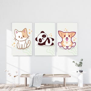Conjunto de arte mural con animales adorables: impresiones de gatos, pandas y corgis kawaii. Decoración infantil. Arte mural para habitación infantil. Descarga digital o impresiones físicas.