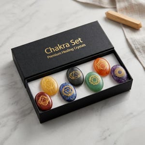 Könnte beinhalten: Ein schwarzes Box-Set mit der Aufschrift "Chakra Set" mit sieben ovalförmigen Heilkristallen. Jeder Kristall hat eine andere Farbe mit einem goldenen Chakra-Symbol. Die Kristalle sind in einer weiß gefütterten Box angeordnet.