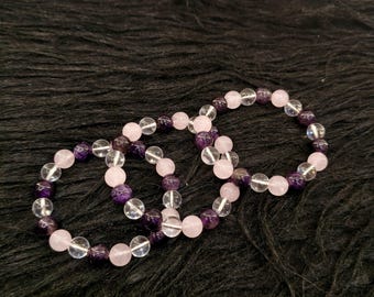 Pulsera de cuarzo rosa y amatista transparente • Joyería de piedras preciosas de cristal curativo