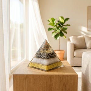Op de afbeelding: Een helder, piramidevormig decoratief object met lagen van verschillende materialen, waaronder zwarte stenen, witte vezels en gele korrels. De piramide staat op een houten tafel in een lichte kamer.