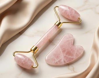 Rodillo y set de gua sha de cuarzo rosa natural – Herramienta de masaje facial de piedra pulida