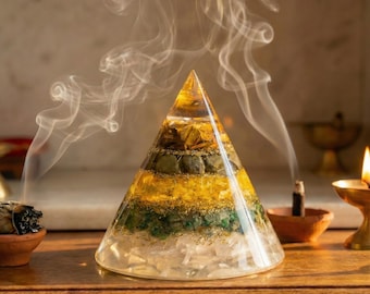 Luxury Golden Abundance Orgonite Pyramid — Citrine Tiger Eye Pyrite Energy Pyramid · Protection, Wealth & Feng Shui, Crystal Decor