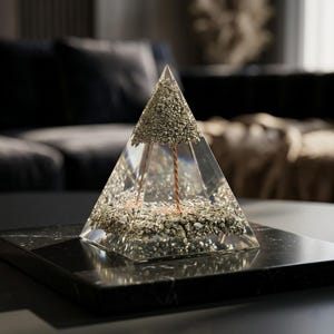 May include: A clear resin pyramid containing a tree-like structure made of copper wire, with a base layer of metallic silver-colored mineral fragments and a matching cluster of mineral fragments at the top, forming a decorative geometric object.