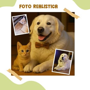 Può includere: Un cane bianco con occhi marroni e un papillon marrone è seduto accanto a un gatto zenzero. Il cane sta guardando la telecamera. Il gatto sta guardando a destra. L'immagine è etichettata "FOTO REALISTICA".