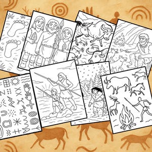 Stone Age Coloring Book, Cavemen and Cavewomen, Prehistoric Animals and Art, Famous Sites from Prehistory, for Kids, Teachers, History Nerds