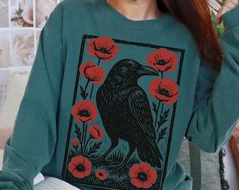 Crow & Poppy Linocut Long Sleeve Comfort Colors Shirt: Dark Academia Gothic Witchy Forest Raven