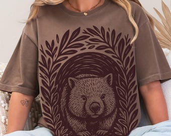Wombat T-Shirt: Vintage Australian Wildlife Linocut Comfort Colors Cotton Tee