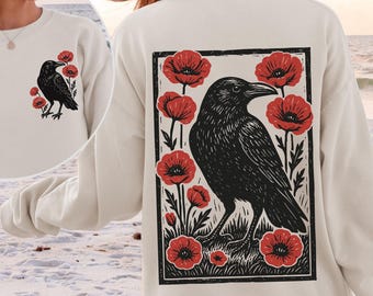 Crow & Poppy Hoodie Sweatshirt: Gothic Raven Front + Back Print