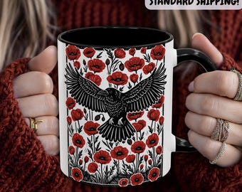 Poppy & Crow Linocut Ceramic Coffee Mug: Dark Academia Gothic Witchy Forest Raven Bird Mug