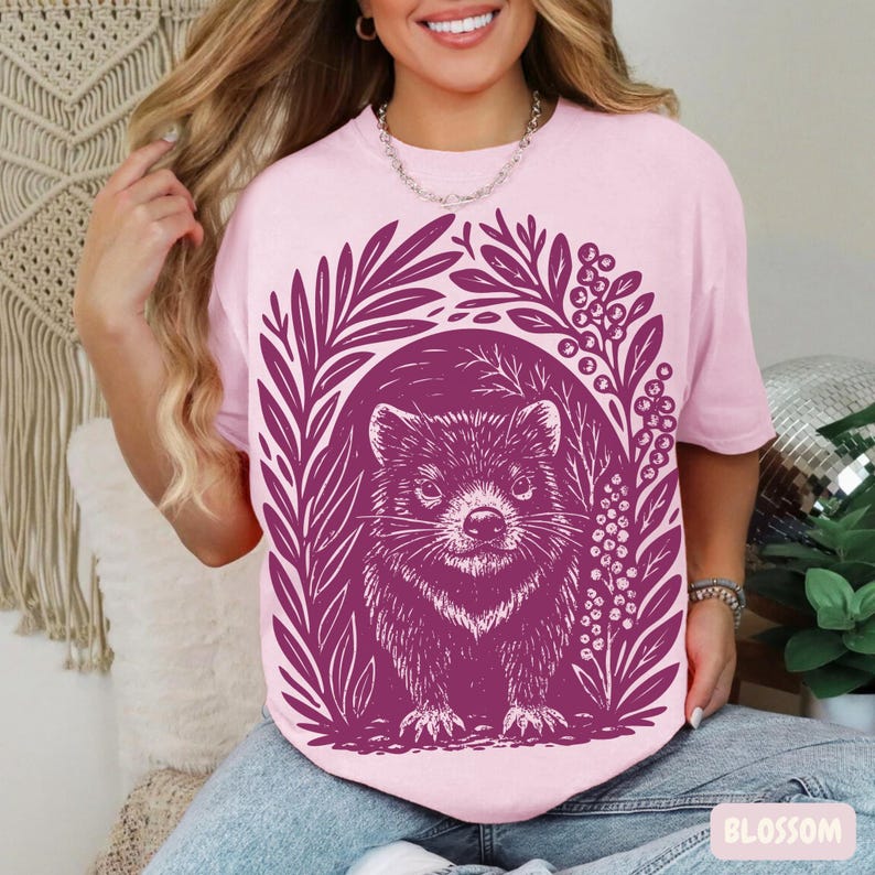 Nature-inspired Tasmanian Devil shirt with monochrome linocut artwork, relaxed fit vintage-style Comfort Colors tee