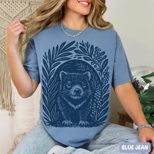 Nature-inspired Tasmanian Devil shirt with monochrome linocut artwork, relaxed fit vintage-style Comfort Colors tee