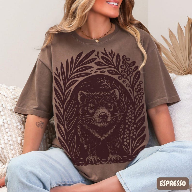 Comfort Colors unisex t-shirt with linocut-style Tasmanian Devil illustration, vintage garment-dyed cotton tee with earthy foliage design
