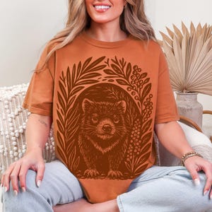 Eco-inspired Tasmanian Devil t-shirt, granola aesthetic wildlife tee with rustic linocut art on Comfort Colors cotton