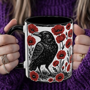 Crow & Poppy Linocut Ceramic Coffee Mug: Dark Academia Gothic Witchy Forest Raven Bird Mug