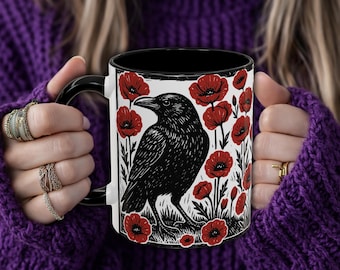 Crow & Poppy Linocut Ceramic Coffee Mug: Dark Academia Gothic Witchy Forest Raven Bird Mug