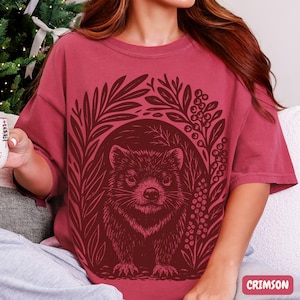 Eco-inspired Tasmanian Devil t-shirt, granola aesthetic wildlife tee with rustic linocut art on Comfort Colors cotton