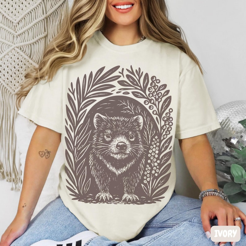 Eco-inspired Tasmanian Devil t-shirt, granola aesthetic wildlife tee with rustic linocut art on Comfort Colors cotton