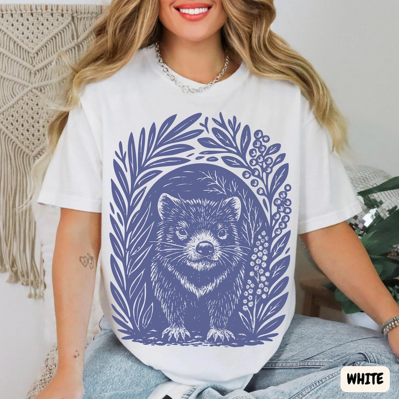 Comfort Colors unisex t-shirt with linocut-style Tasmanian Devil illustration, vintage garment-dyed cotton tee with earthy foliage design