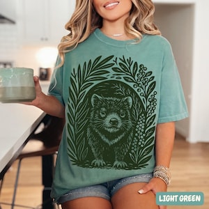 Nature-inspired Tasmanian Devil shirt with monochrome linocut artwork, relaxed fit vintage-style Comfort Colors tee