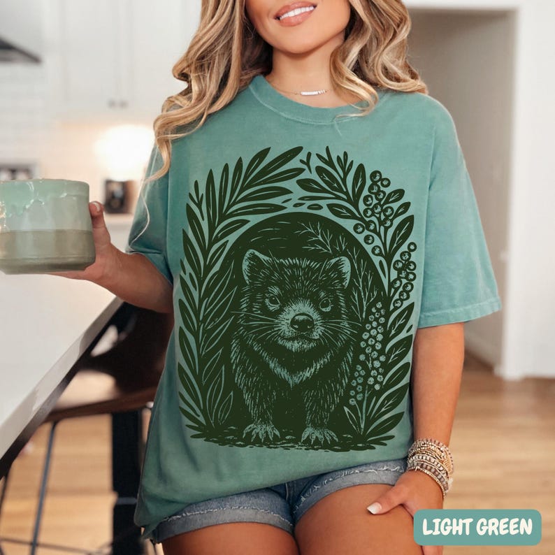 Nature-inspired Tasmanian Devil shirt with monochrome linocut artwork, relaxed fit vintage-style Comfort Colors tee
