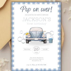 Car Wash Kid Birthday Invitation Boy Girl | Pop On Over Editable Invite | Summer Birthday Party Printable | Blue Gingham Bubbles Theme