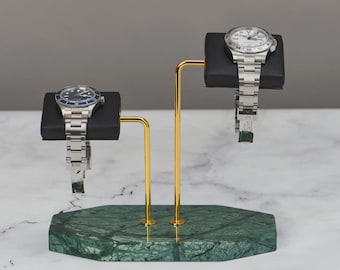Green Marble Watch Stand for 2 Watches, Luxury Watch Holder, Leather Cushions, Personalised Watch Display, Gift for Him, Ships Australia