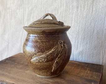 Vintage Studio Pottery Lidded Jar | Rustic Stoneware Pot, Earthy Brown Botanical Detail