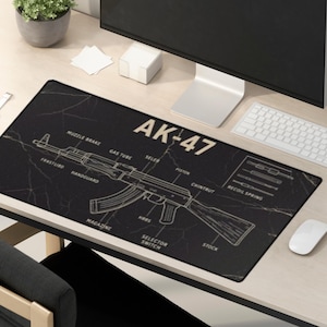 MTG AK-47 Schematic Playmat Tactical Gun Blueprint Desk Mat for tcg & pc Gaming Escape From Tarkov Inspired Rifle Diagram Mouse Pad